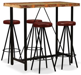 Set mobilier bar, 5 piese lemn masiv reciclat si piele naturala