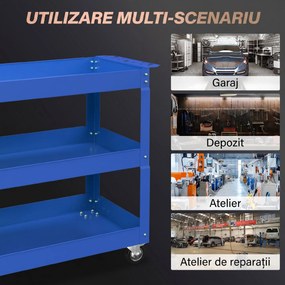 DURHAND Cărucior pentru Scule cu 3 Niveluri din Oțel cu Margini Înalte și 4 Roți Pivotante, 83 x 35.3 x 76 cm, Albastru | Aosom Romania