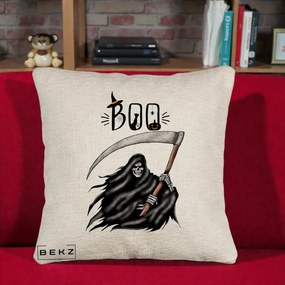 Perna Decorativa Halloween Boo Grim Reaper cu Coasa, 40x40 cm, Bej Canapea, Husa Detasabila, Perna Inclusa, BEKZ®