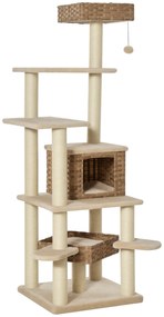 PawHut Săculeț de zgâriat din ratan cu căsuță pentru pisici Săculeț de pisici cu mai multe etaje Kletterbaum pentru pisici E1 MDF Sisal Bej+Maro 55 x 55 x 174 cm | Aosom Romania