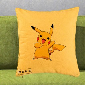 Perna Personalizata Pikachu Fericit, 40x40 cm, Galben, Husa Detasabila, Perna Inclusa, BEKZ®