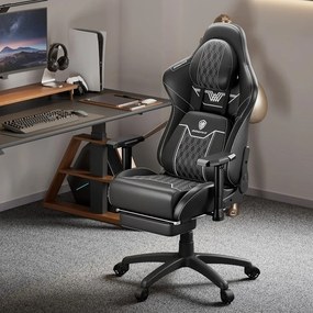 DOWINX Scaun gaming, ergonomic, spătar înalt, tetiera confortabilă, suport lombar, cotiere 4D, suport picioare, rezistent 150 kg, piele PU, Negru