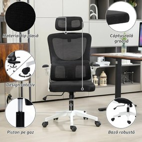 Vinsetto Scaun de Birou Ergonomic cu Tetieră Detașabilă Negru | Aosom Romania