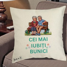 Cadou pentru Bunici - Perna Personalizata Cei Mai Iubiti Bunici Cuplu pe Banca Ilustratie, 40x40 cm, Ecru, Husa Detasabila, Perna Inclusa, BEKZ®