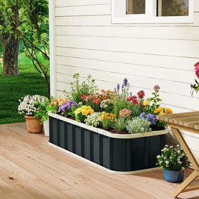 Outsunny Pat Ridicat de Grădină pentru Exterior cu Bază Deschisă, Mănuși, Margini Pliate, Ghiveci în Oțel Galvanizat pentru Plante, Flori, Legume Balcon Grădină, 136x52x31 cm, Gri Închis | Aosom Romania