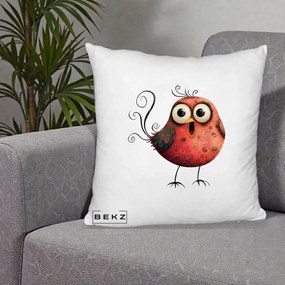 Perna Decorativa Pasare Rosie Exuberanta cu Spirale, 40x40 cm, Alb Pufos, Husa Detasabila, Perna Inclusa, BEKZ®