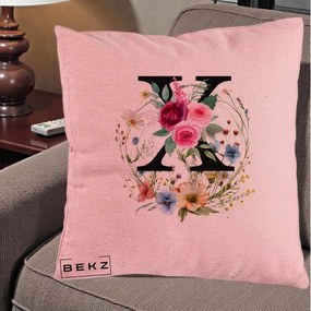 Cadou Personalizat - Perna Personalizata Monograma Florala Litera X cu Coroana, 40x40 cm, Roz, Husa Detasabila, Perna Inclusa, BEKZ®