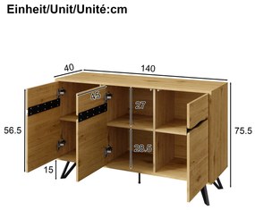 Comodă cu 3 uși, picioare metalice, mult spațiu de depozitare, 140x40x75,5 cm, Culoare naturală