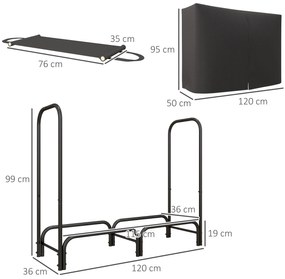 Outsunny Suport pentru Lemne din Metal cu Rastel Reglabil, Geantă de Pânză și Husă Impermeabilă, 120x36x99 cm, Negru | Aosom Romania