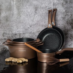 Set oale si tigai cu capace 17 piese Royaly Line ES 2014M, maro, antiaderente, marmorate, inductie, manere detasabile