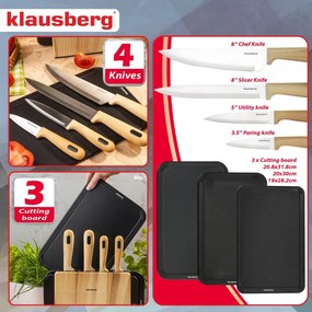 Set de cuțite și tăvi de tăiat Klausberg KB 9037, 8 piese, oțel inoxidabil, suport, maro/negru