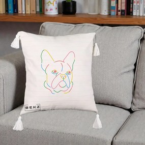 Perna Decorativa Bulldog Francez Line Art Curcubeu, 40x40 cm, Bej cu Franjuri, Husa Detasabila, Perna Inclusa, BEKZ®