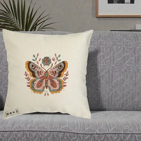Perna Decorativa Fluture Boho Floral, 40x40 cm, Ecru, Husa Detasabila, Perna Inclusa, BEKZ®