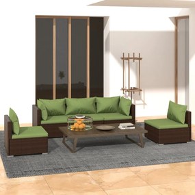 Set mobilier de gradina cu perne, 5 piese, maro, poliratan maro si verde, 2x colt + 3x mijloc, 1