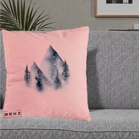 Perna Decorativa Munti Inzapeziti Acuarela Indigo, 40x40 cm, Roz, Husa Detasabila, Perna Inclusa, BEKZ®