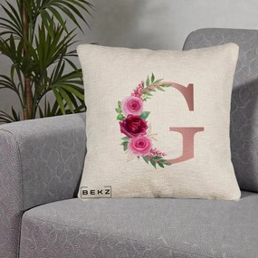 Cadou Personalizat - Perna Personalizata Monograma Rose Gold Litera G, 40x40 cm, Bej Canapea, Husa Detasabila, Perna Inclusa, BEKZ®