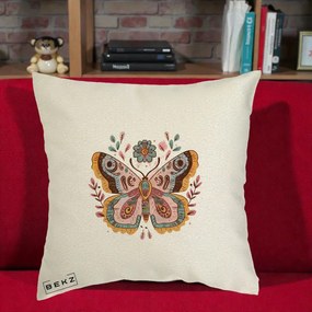 Perna Decorativa Fluture Boho Floral, 40x40 cm, Ecru, Husa Detasabila, Perna Inclusa, BEKZ®