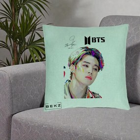Perna Personalizata K-pop BTS Jimin Portret Artistic Multicolor cu Autograf, 40x40 cm, Verde Menta, Husa Detasabila, Perna Inclusa, BEKZ®