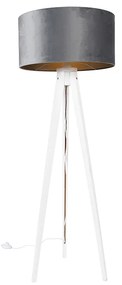 Lampa de podea moderna cu trepied alb cu abajur gri din catifea 50 cm - Tripod Classic