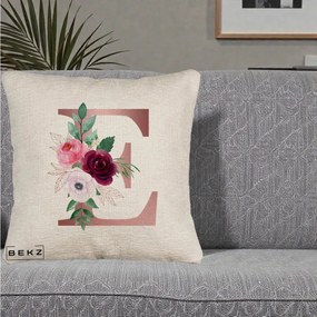 Cadou Personalizat - Perna Personalizata Monograma Rose Gold Litera E, 40x40 cm, Bej Canapea, Husa Detasabila, Perna Inclusa, BEKZ®