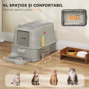 PawHut Litieră închisă pentru pisici de 80L cu tavă detașabilă, din ABS și oțel inoxidabil, 63x43x43 cm, gri deschis | Aosom Romania