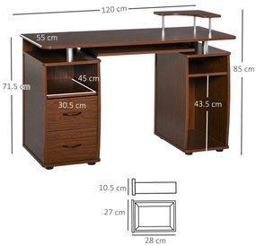 HOMCOM masa de birou moderna cu suport pentru computer din lemn cu sertare, polita extensibila si suport pentru tastatură, 120x55x85cm, Maro