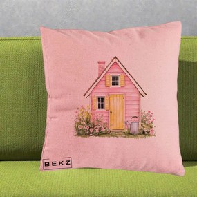 Perna Decorativa Casuta Roz Acuarela cu Gradina, 40x40 cm, Roz, Husa Detasabila, Perna Inclusa, BEKZ®