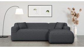 Colțar gri închis cu tapițerie din catifea reiată (cu colț pe partea dreaptă, cu șezlong) Martin – Ropez