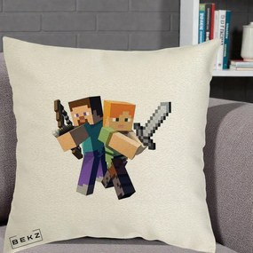 Perna Personalizata Minecraft Steve si Alex, 40x40 cm, Ecru, Husa Detasabila, Perna Inclusa, BEKZ®