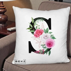 Cadou Personalizat - Perna Personalizata Monograma Florala Litera S, 40x40 cm, Alb Pufos, Husa Detasabila, Perna Inclusa, BEKZ®