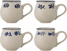 Set 4 căni din ceramică artizanală natur cu motive botanice albastre pictate manual și margine albastră, 9,5×9 cm, "Eimy"