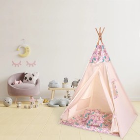 Cort copii stil indian Teepee Tent Kidizi Pink Unicorn, include covoras gros si 2 perne, stabilizator cadou