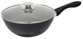 Tigaie Wok, 26 cm, Interior din Granit (Anti-Aderent), Mâner Ebonită, Capac din Sticlă Termorezistentă, Bază 3 Straturi (Inducție), Negru