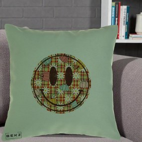 Perna Decorativa Smiley Face de Toamna cu Tartan si Dovlecei, 40x40 cm, Verde, Husa Detasabila, Perna Inclusa, BEKZ®