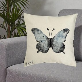 Perna Decorativa Fluture Acuarela Albastru-Gri, 40x40 cm, Ecru, Husa Detasabila, Perna Inclusa, BEKZ®