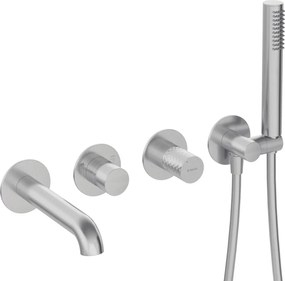 Baterie pentru cada, otel periat, cu 4 orificii, set dus inclus, montaj ingropat, Deante Silia Hexa