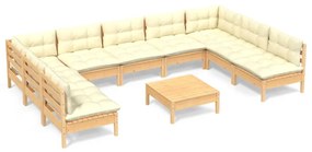 Set mobilier gradina cu perne crem, 10 piese, lemn masiv de pin maro si crem, 1