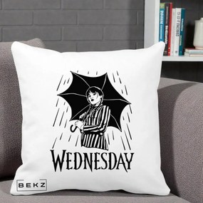 Perna Personalizata Wednesday cu Umbrela Ploaie Lineart, 40x40 cm, Alba Mata, Husa Detasabila, Perna Inclusa, BEKZ®