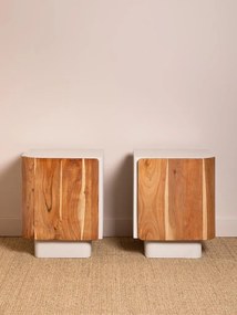 Set 2 noptiere din lemn de mango și acacia, natur și alb, cu ușă și soclu retras, 50,5 x 40 x 35 cm, „Villalba”