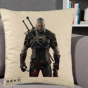 Perna Personalizata The Witcher Geralt of Rivia Portret, 40x40 cm, Bej, Husa Detasabila, Perna Inclusa, BEKZ®