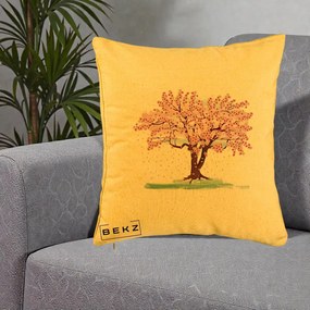 Perna Decorativa Cires Inflorit Acuarela, 40x40 cm, Galben, Husa Detasabila, Perna Inclusa, BEKZ®