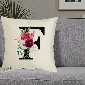 Cadou Personalizat - Perna Personalizata Monograma Florala Litera F, 40x40 cm, Ecru, Husa Detasabila, Perna Inclusa, BEKZ®