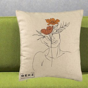 Perna Decorativa Portret Feminin Doua Flori, 40x40 cm, Bej, Husa Detasabila, Perna Inclusa, BEKZ®