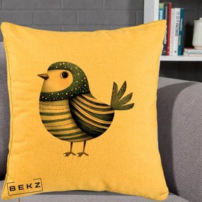Perna Decorativa Pasare Teal Decorativa Dungata, 40x40 cm, Galben, Husa Detasabila, Perna Inclusa, BEKZ®