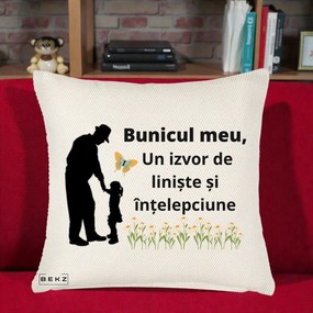 Cadou pentru Bunic - Perna Personalizata Bunicul Meu Izvor de Liniste cu Fluture si Fetita, 40x40 cm, Crem Reliefat, Husa Detasabila, Perna Inclusa, BEKZ®