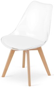 Set de sufragerie 1 + 4, masa alba ADRIA 120x80 cm + scaun transparent BALI MARK cu picioare din lemn de fag