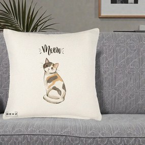 Perna Personalizata Pisica Meow Acuarela, 40x40 cm, Crem Reliefat, Husa Detasabila, Perna Inclusa, BEKZ®