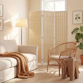 HOMCOM Paravan de Interior cu 3 Panouri, Pliabil, din Lemn și Bambus, 180 cm, Stil Boho, Natur/Alb | Aosom Romania