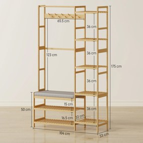 HOMCOM Cuier cu raft pentru pantofi, cârlige pentru haine, suport pentru paltoane, bancă cu pernă, pentru hol, intrare, lemn natural | Aosom Romania