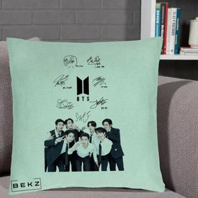 Perna Personalizata K-pop BTS Autografe Toti Membrii cu Fotografie, 40x40 cm, Verde Menta, Husa Detasabila, Perna Inclusa, BEKZ®